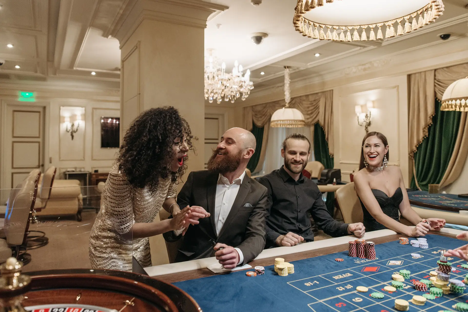 Group of adults enjoying a lively night at a casino poker table